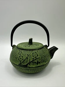 Cast Iron Tea Pot Tetsubin Japanese SMALL Green Cherry Blossom 4.5x4” - Picture 1 of 9
