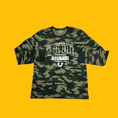 True Religion Mens Size Large Long Sleeve Logo graphic  Camouflage Green T-Shirt - Image 1 of 4