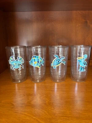 Set 4 Tervis Tumblers 16 Oz Sea Creatures/Animals Blue Patchwork Turtle Flamingo Foto 1 de 4