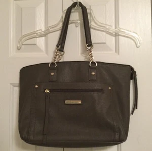 Tommy Hilfiger Gray Faux Leather Purse Bag 2 Handles Decorative Goldtone Chain - Picture 1 of 8