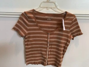 American Eagle Brown White Stiped Short Sleeve Top Size Medium NWT - Picture 1 of 3