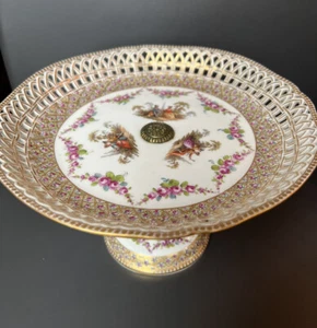 Antique Handpainted Pink Roses Gilt KPM Dresden Reticulated Compote Footed Dish - Picture 1 of 12