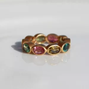 Solid 14k gold Finish Silver Natural Multi Tourmaline Eternity BWedding Ring - Picture 1 of 2