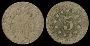 Moneda de cinco centavos tipo níquel escudo 1869 Philadelphia relleno de sacrificio desgastada - Imagen 1 de 3