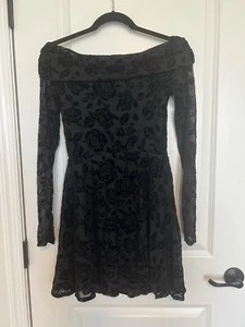 Wild Fable Goth Long Sleeve Flocked Mini Fit and Flare Dress Women Black Small - Picture 1 of 11