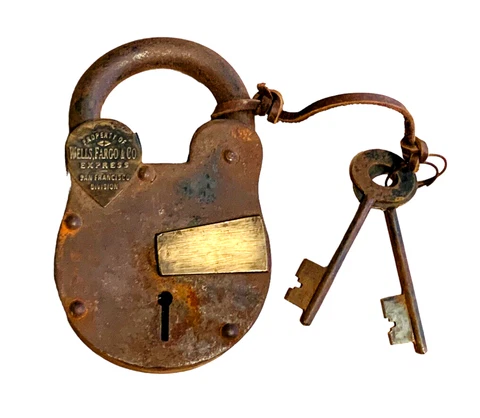 Wells Fargo Express Padlock Cast Iron Heavy It Works 2 Keys 7x4 inches Antique Cover
