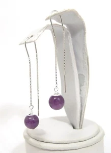 Sterling Silver Threader Earrings Genuine Amethyst Globe Ear Wires - Picture 1 of 2