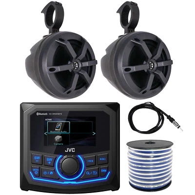 JVC Bluetooth Marine Receiver, 2x 6.5" Speakers with Speaker Pods, Wire, Antenna - Image 1 of 4