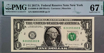 2017ARadar Serial Number $1 FRN 2017A ( NEW YORK "B") -PMG 67 EPQ SUPER GEM UNC - Image 1 of 2