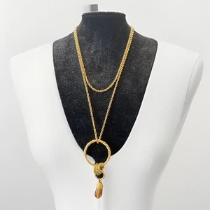 Gold Tone Chain Necklace Ring With Peach Glass Pendant Classy READ DESCRIPTION - Picture 1 of 4