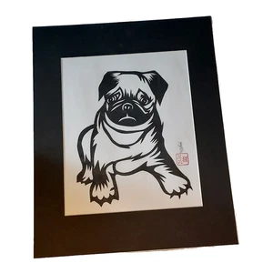 Hou-tien Cheng Meister chinesischer Papierschneider Hund Mops Kunst signiert mattiert 11 x 14 - Bild 1 von 6