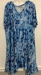 LOGO LORI GOLDSTEIN Blue Printed Dress Artsy Colorful Stretch Beach Lagenlook 2X - Picture 1 of 6
