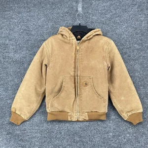 Carhartt Youth Large 10/12 Brown Canvas Quilted Lined Jacket Full Zip Hooded - Picture 1 of 15