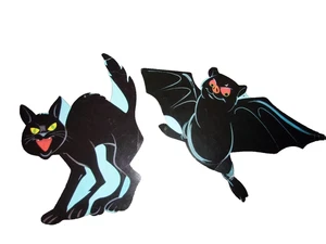Vintage Die Cut Cardboard Scary Cat & Bat Halloween - Picture 1 of 10