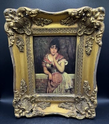 "Delantal de mujer enmarcado pintura al óleo original firmado por Anton Malva ATQ Moody 11x9""" Foto 1 de 4