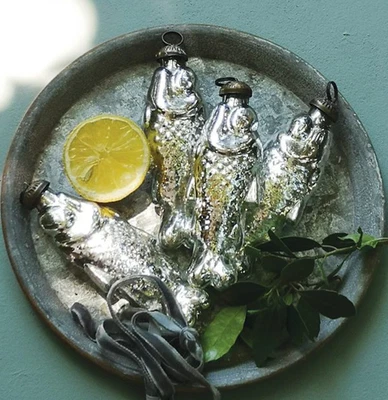 Vintage Antique Silver Glass Fish Bauble Hanging Decoration with Velvet Ribbon - Image 1 of 2