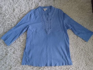 Appleseed’s Women L Blue Cotton Lace Trim Crinkle Tunic Top 3/4 Sleeve Spit Neck - Picture 1 of 6