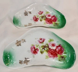 2 Bone Dishes Teal Mauve Pink Roses Porcelain Gold Decals Victorian Antique - Picture 1 of 6