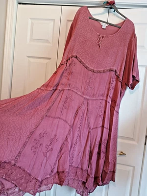 VTG Silhouettes dress maxi pink rayon embroidered ruffles WIDE POPOVER 26 PLUS - Image 1 of 4