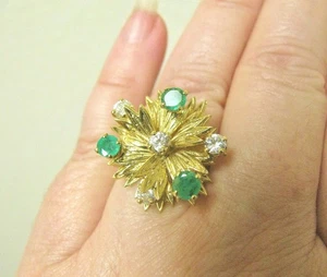 ANELLO VINTAGE 1,91 CT DIAMANTE SMERALDO ANNI 60 A GRAPPOLO DI FIORI ORO 18K 14K 7,5 - Foto 1 di 12