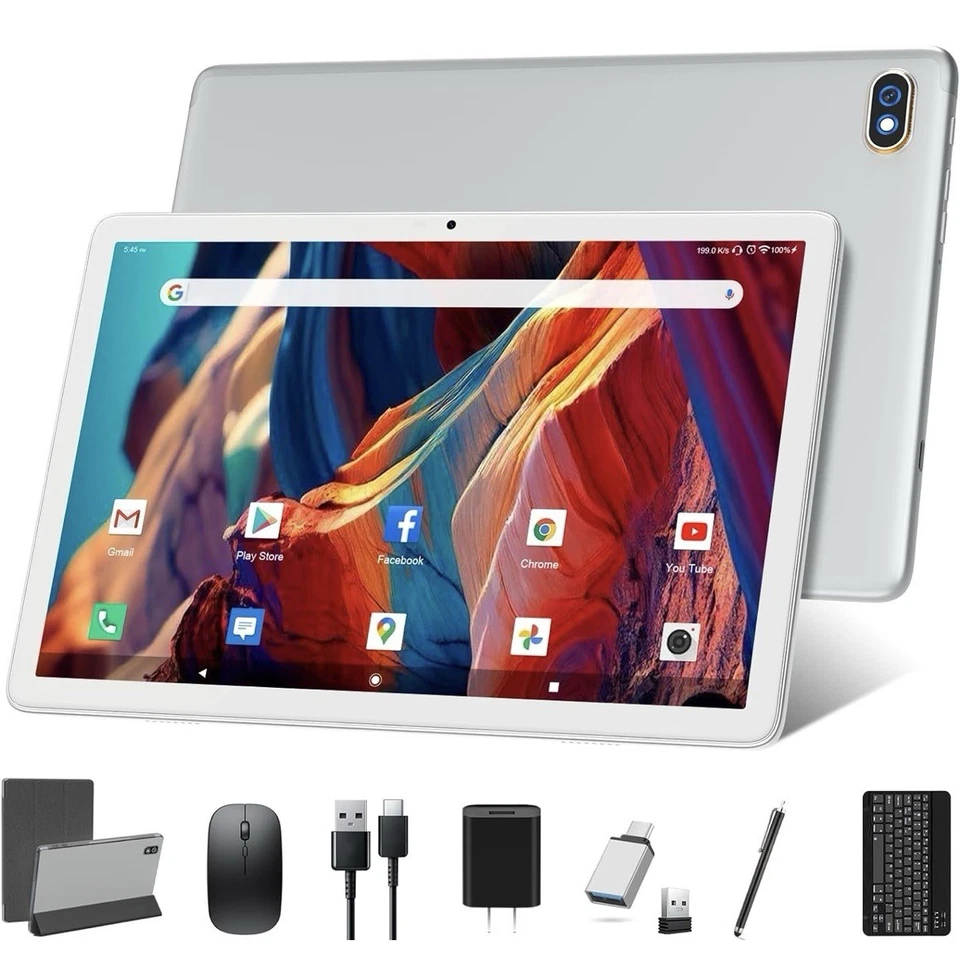 ZONKO 10.1" Android Tablet 128GB+1TB Octa-Core WiFi Bluetooth w/ Keyboard Silver - Image 1 of 4