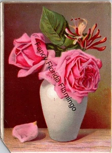 Antique Victorian Trade Card ~ Pink Roses & Honeysuckle in Vase ~ James B. Hall - Picture 1 of 2