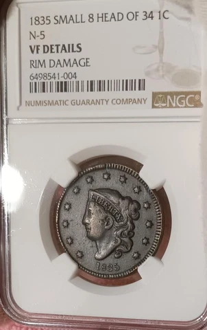 1835 Large cent, Small 8-Head of 1834, N-5, Double Profile, NGC VF details Cover