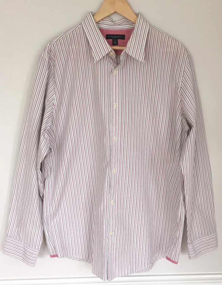 Camisa BANANA REPUBLIC Calce Clásico Para Hombre Blanca Roja Gris Rayas Botones 17-17.5 Foto 1 de 4