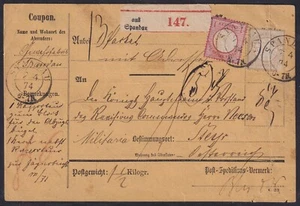 74385) SPANDAU 1874 frankierte Militaria-Paketkarte nach Steyr Österreich - Bild 1 von 4