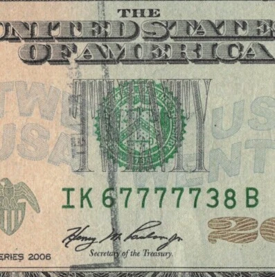 Five in a Row Seven-7s 2006 Fancy Serial Numbe 20$ Bill IK67777738B Dallas B Run - Image 1 of 4
