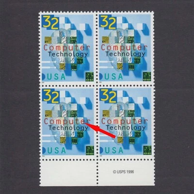 US Error stamp,"e"  print through,1996 Computer Technology Block,Scott#3106,MNH - Image 1 of 4