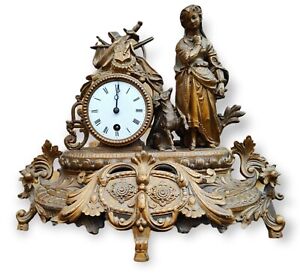 Antique Metal French Spelter Mantel Clock Coat Of Arms Lady & Dog Gold Finish
