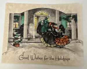 Vintage Victorian Christmas Card - Woman At Friends Doorstep In The Snow - Picture 1 of 3