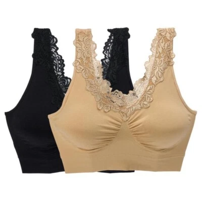 Rhonda Shear 2Pack Seamless Bra with Lace Inset Size XL Black Beige Lounge 657.1 - Image 1 of 4