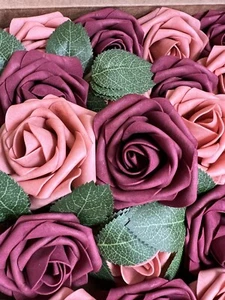 Burgundy And Dusty Rose Colored Foam Roses 25 Count With Stems Weddings Craft - Picture 1 of 9