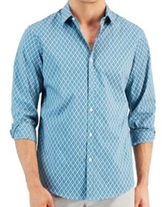 Large ALFANI Could Blue Teal Geo Diamond Print Woven Shirt 46" $60 - Picture 1 of 11