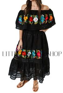 BLACK Mexican Dress CAMPESINA Off Shoulder Dress Fits S/M or L/XL Crochet Floral