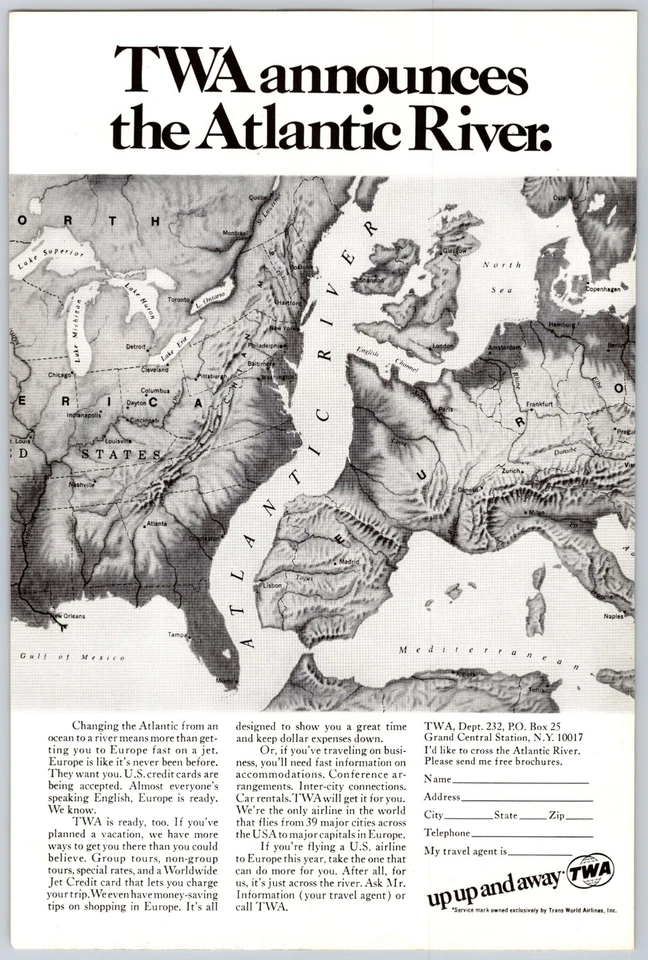 Anuncio impreso 1968 TWA anuncia el mapa TWA de Atlantic River Airlines arriba y lejos Foto 1 de 1