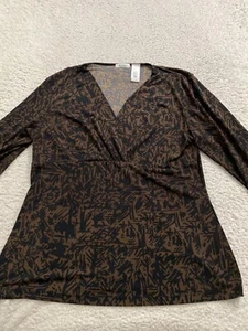 Liz&co. Women Geometric 3/4 Sleeve V-Neck T-Shirt Brown Size L - Picture 1 of 7