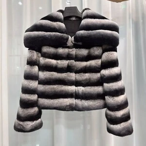 Women's Winter Rex Rabbit Fur Large Collared Chinchilla Jacket Gift For Her - Picture 1 of 6