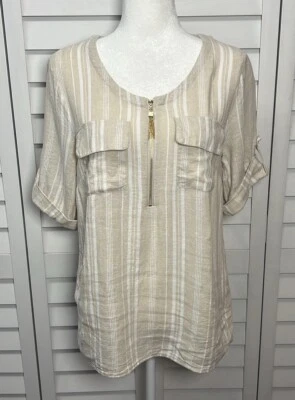 Top túnica Ellen Tracy mezcla de lino a rayas manga enrollable talla S caqui y blanco Foto 1 de 4