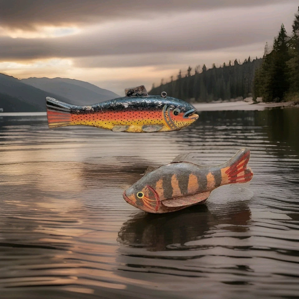Lot of 2 Carved Ice Spear Fishing Lure Decoys Sunfish, Rainbow Trout Great Lakes - Image 1 of 4