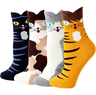 4 Paar Katzen Socken Damen, Lustige 3D Katzenohren Strick Socken - Bild 1 von 4