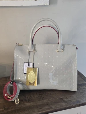 ARCADIA ITALIAN LIGHT GRAY PATENT LEATHER TOTE BAG EMBOSSED SNAKESKIN CROSSBODY - Image 1 of 4