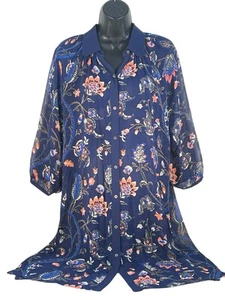 Club Monaco silk blue floral cover up shirt dress sz Lage semi sheer - Picture 1 of 6