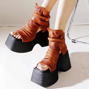 Summer Ankle Boots Women Genuine Leather Platform Wedge Gladiator Sandals Punk - Picture 1 of 24