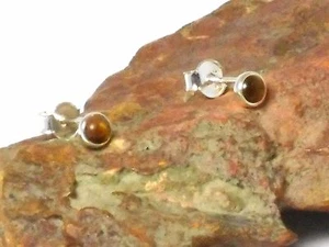 Small Round TIGER'S EYE Sterling Silver Gemstone Stud Earrings - 4 mm - Picture 1 of 4