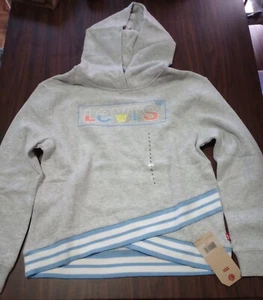 NWT Girls Levis Hooded Crossover Sweatshirt Grey Large Stripped Hem - Picture 1 of 10