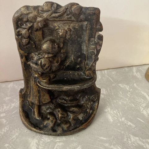 Vintage Cast Iron DOORSTOP OR BOOKEND Art Nouveau Girl at Lion Head Fountain FS Cover