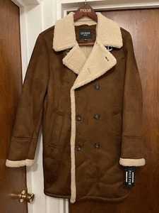 GUESS Men's Brown Button Up Double Breasted Faux-Shearling Coat, Size MEDIUM NWT - Picture 1 of 14